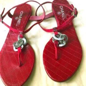 Red grosgrain Chanel T-strap sandals